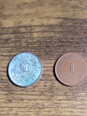 Singapore 10 Cent and 1 Cent Coin Pair - Copper & Patinated Metal